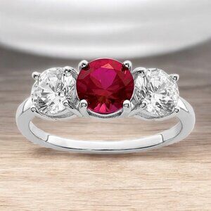 Three-Stone Lab Created Ruby and CZ Ring in 925 Sterling Silver